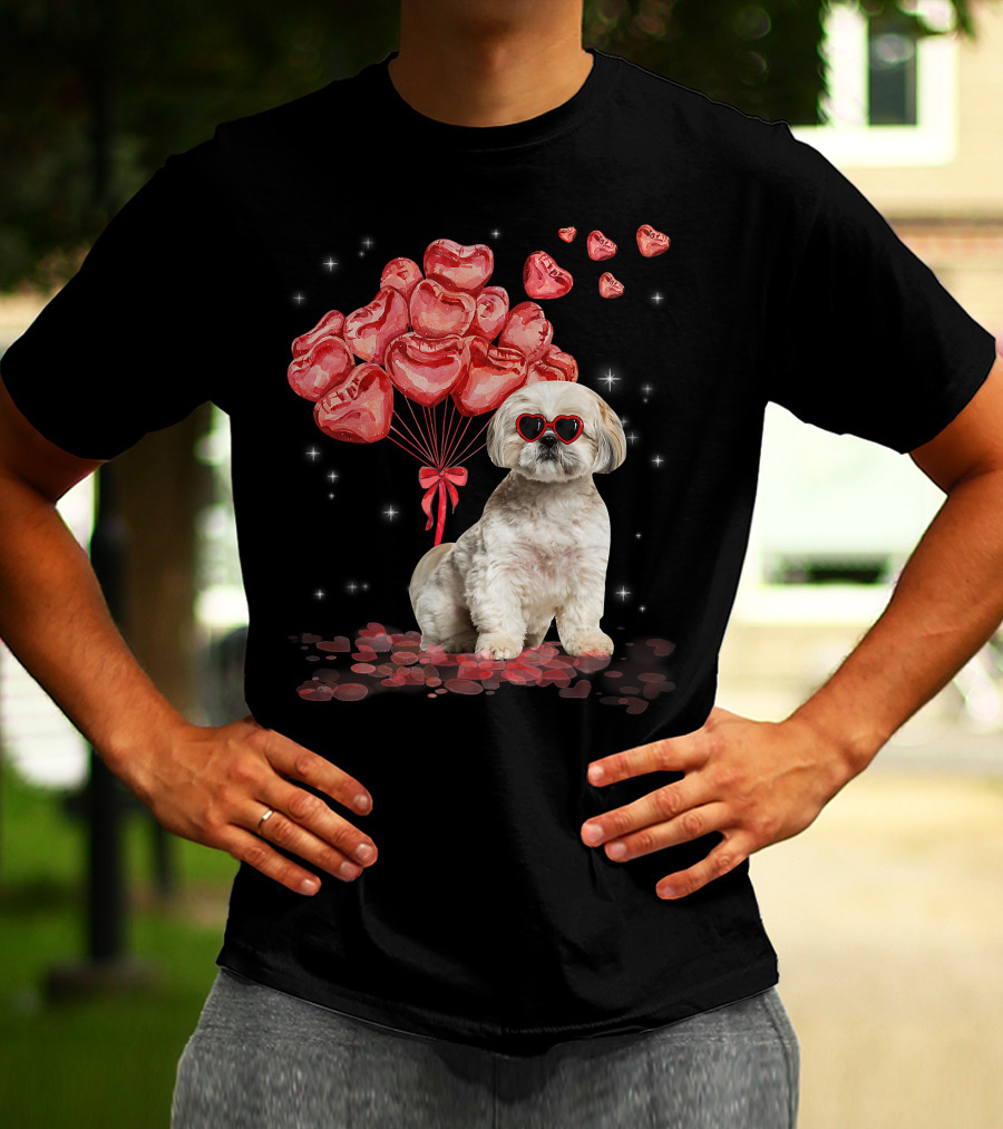 Shih Tzu Heart Balloons Funny Valentines Day Dog Dad Mom T-Shirt