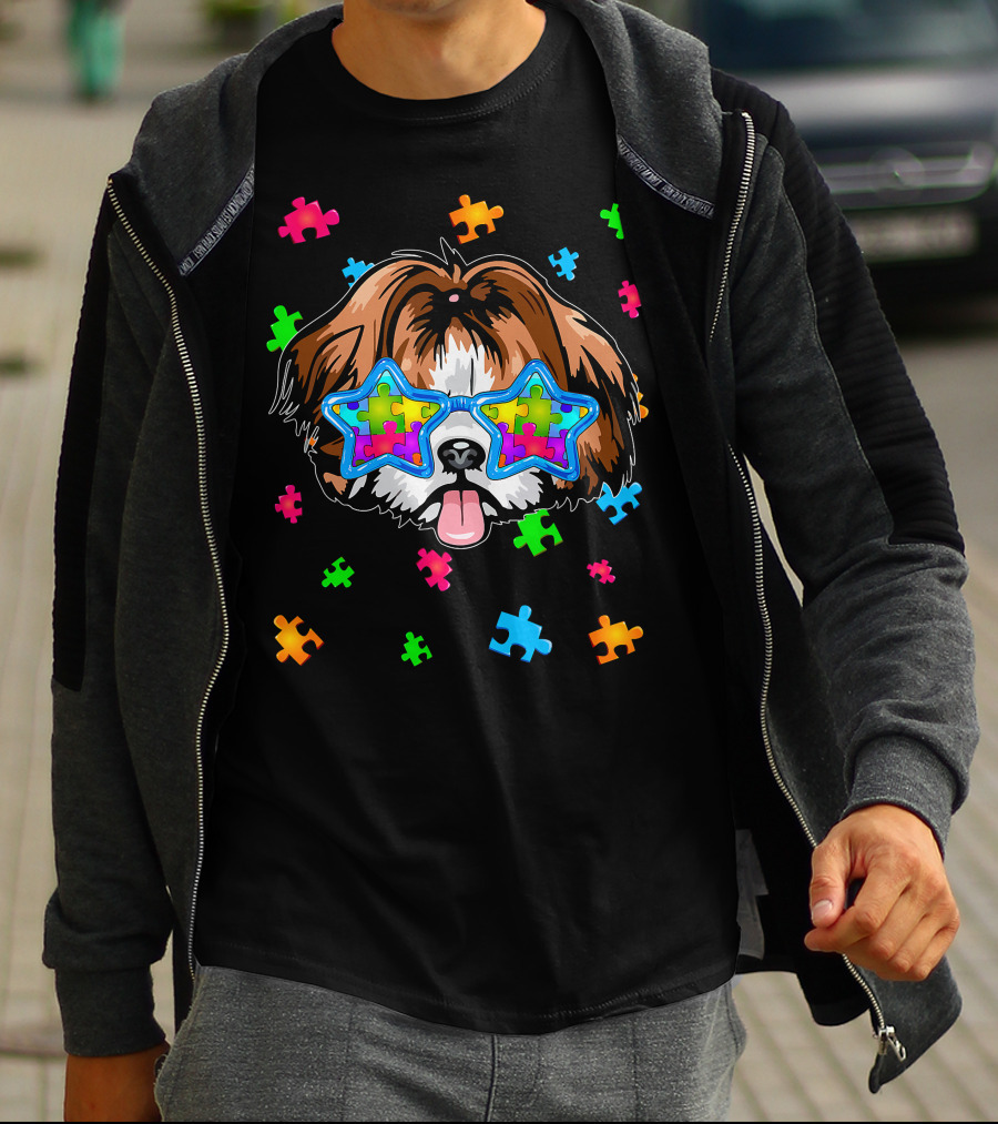 Funny Shih Tzu Star Glasses Puzzle Autism Awareness T-Shirt
