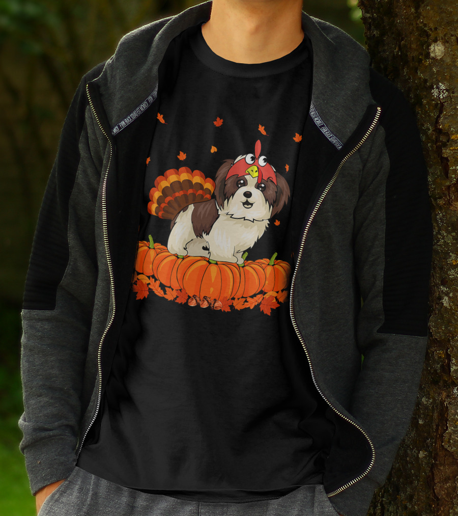 Shih Tzu Dressed As Turkey With Pumpkins And Autumn Leaves Thanksgiving Fun T-Shirt