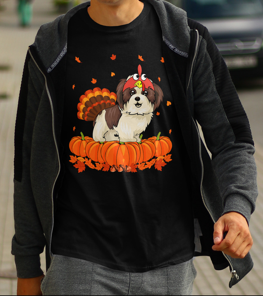 Shih Tzu Dressed As Turkey With Pumpkins And Autumn Leaves Thanksgiving Fun T-Shirt