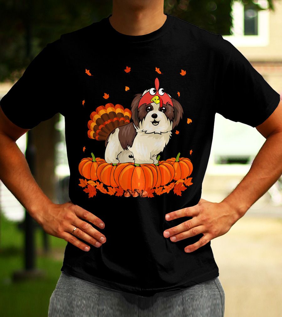 Shih Tzu Dressed As Turkey With Pumpkins And Autumn Leaves Thanksgiving Fun T-Shirt