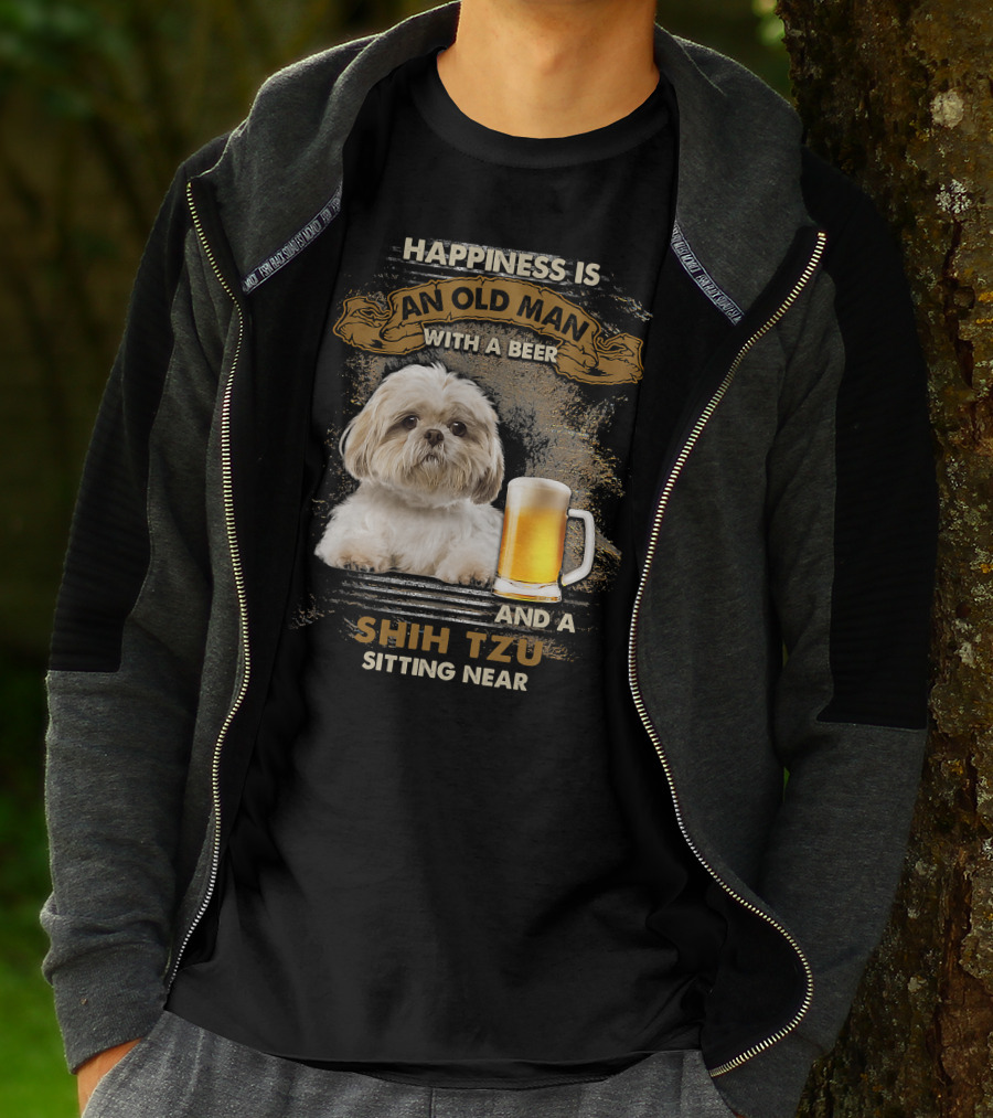 Happiness Is An Old Man With A Beer And A Shih Tzu Sitting Near T-Shirt