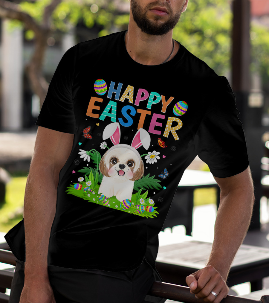 Happy Easter Bunny Shih Tzu Dog With Easter Eggs And Butterflies T-Shirt