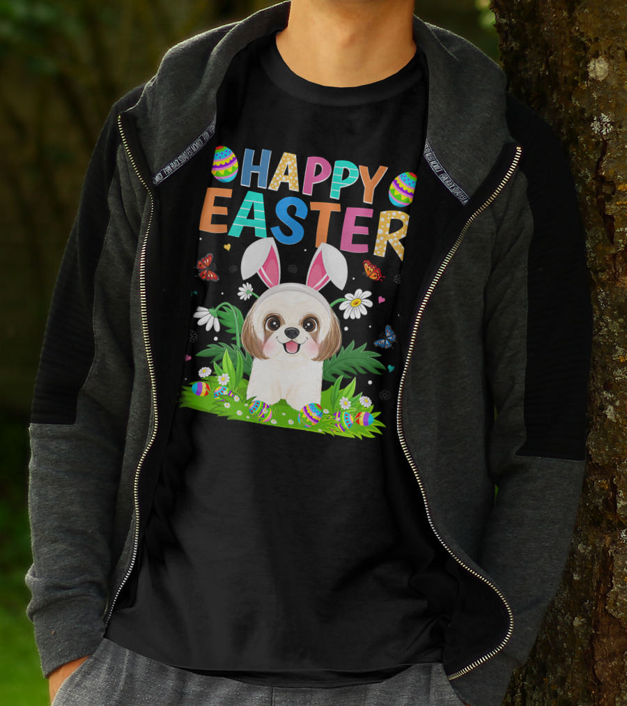 Happy Easter Bunny Shih Tzu Dog With Easter Eggs And Butterflies T-Shirt
