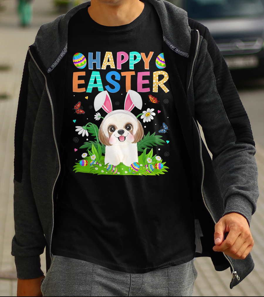 Happy Easter Bunny Shih Tzu Dog With Easter Eggs And Butterflies T-Shirt