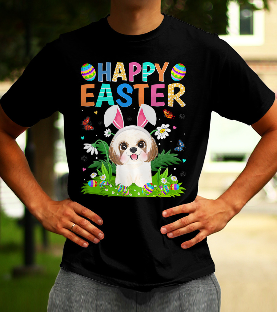 Happy Easter Bunny Shih Tzu Dog With Easter Eggs And Butterflies T-Shirt