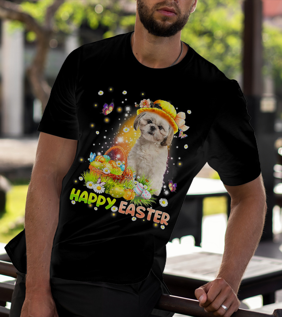 Happy Easter Cute Bunny Dog Shih Tzu With Eggs Basket And Butterflies T-Shirt