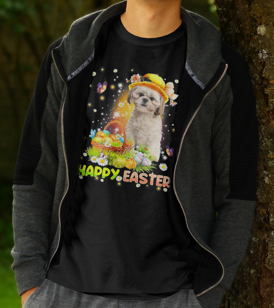 Happy Easter Cute Bunny Dog Shih Tzu With Eggs Basket And Butterflies T-Shirt