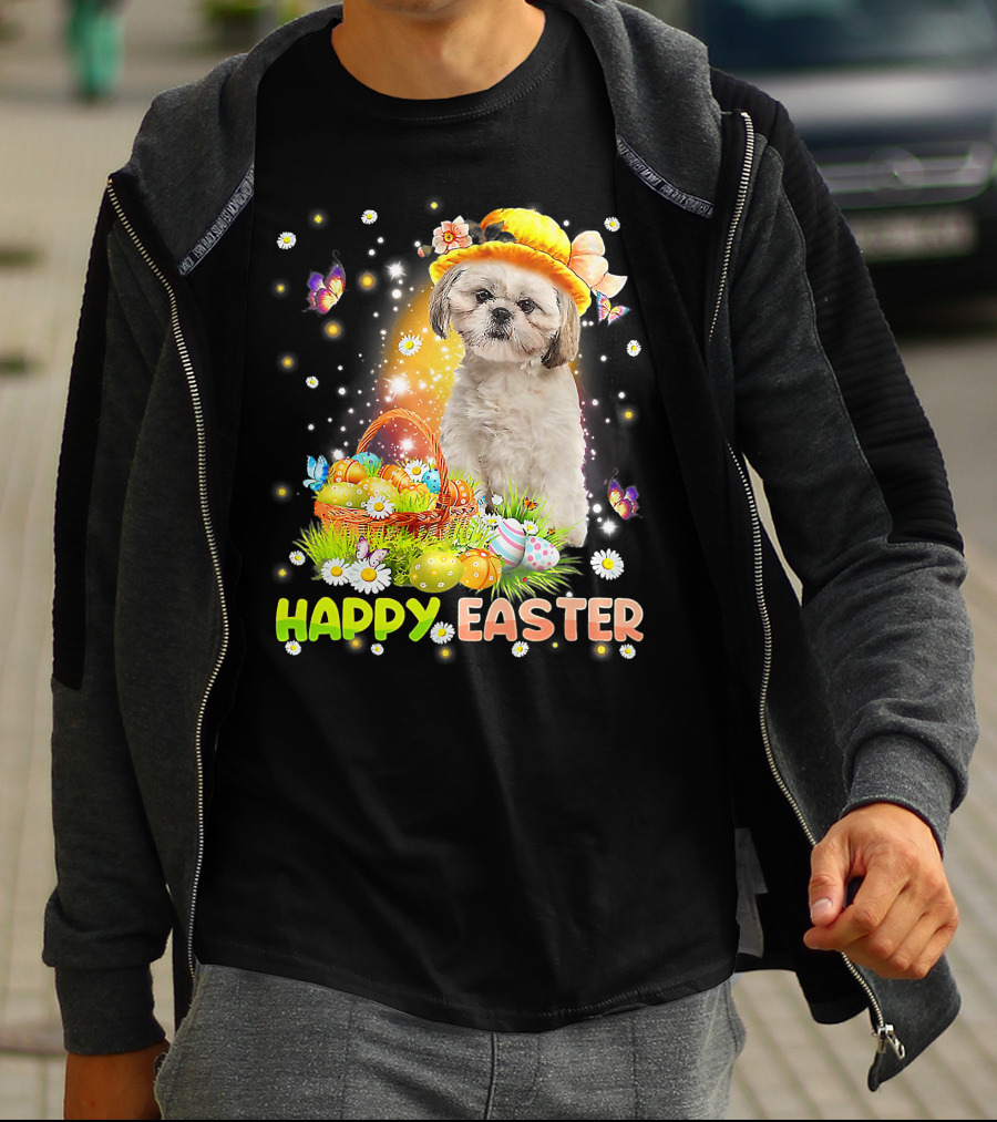 Happy Easter Cute Bunny Dog Shih Tzu With Eggs Basket And Butterflies T-Shirt