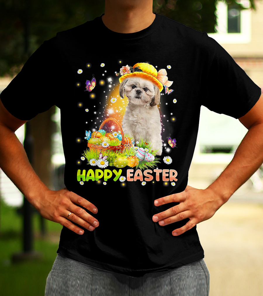 Happy Easter Cute Bunny Dog Shih Tzu With Eggs Basket And Butterflies T-Shirt