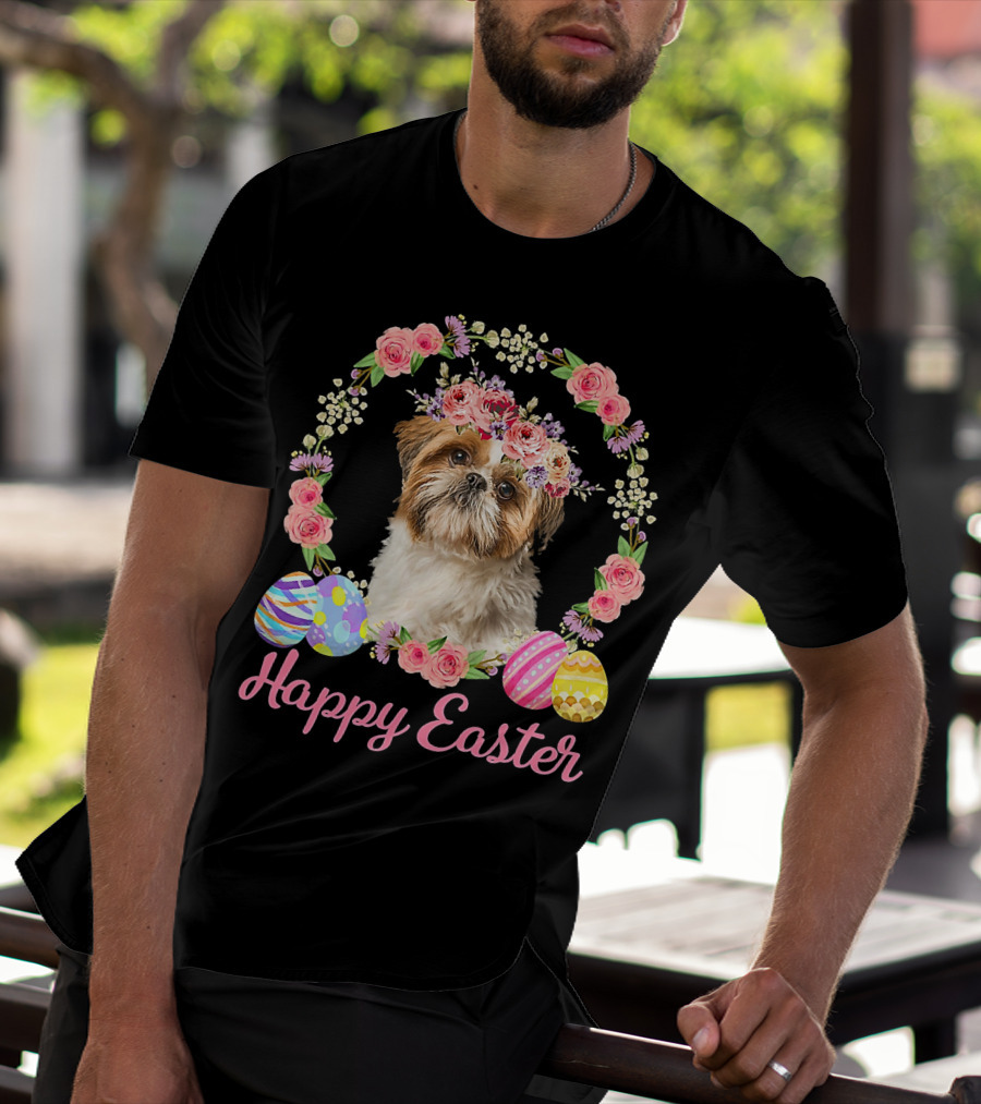 Happy Easter Shih Tzu Dog Flower Wreath With Decorative Eggs T-Shirt