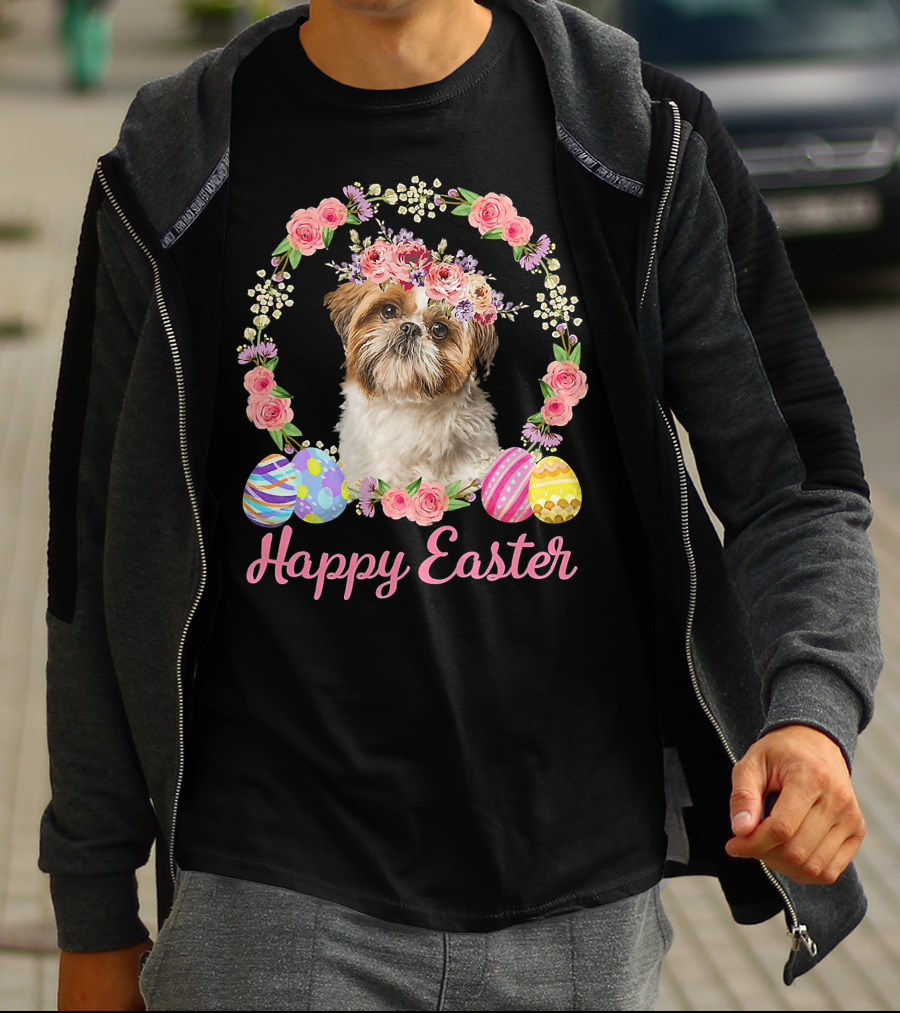 Happy Easter Shih Tzu Dog Flower Wreath With Decorative Eggs T-Shirt