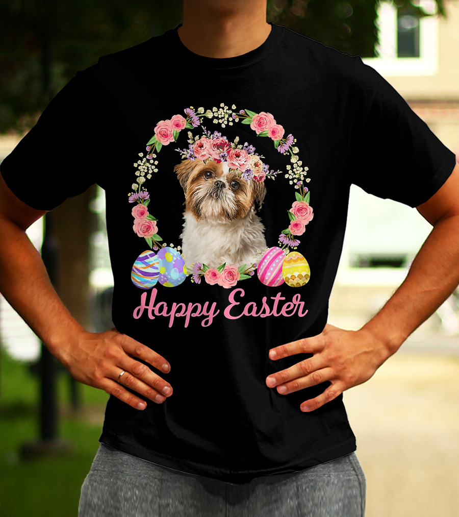Happy Easter Shih Tzu Dog Flower Wreath With Decorative Eggs T-Shirt