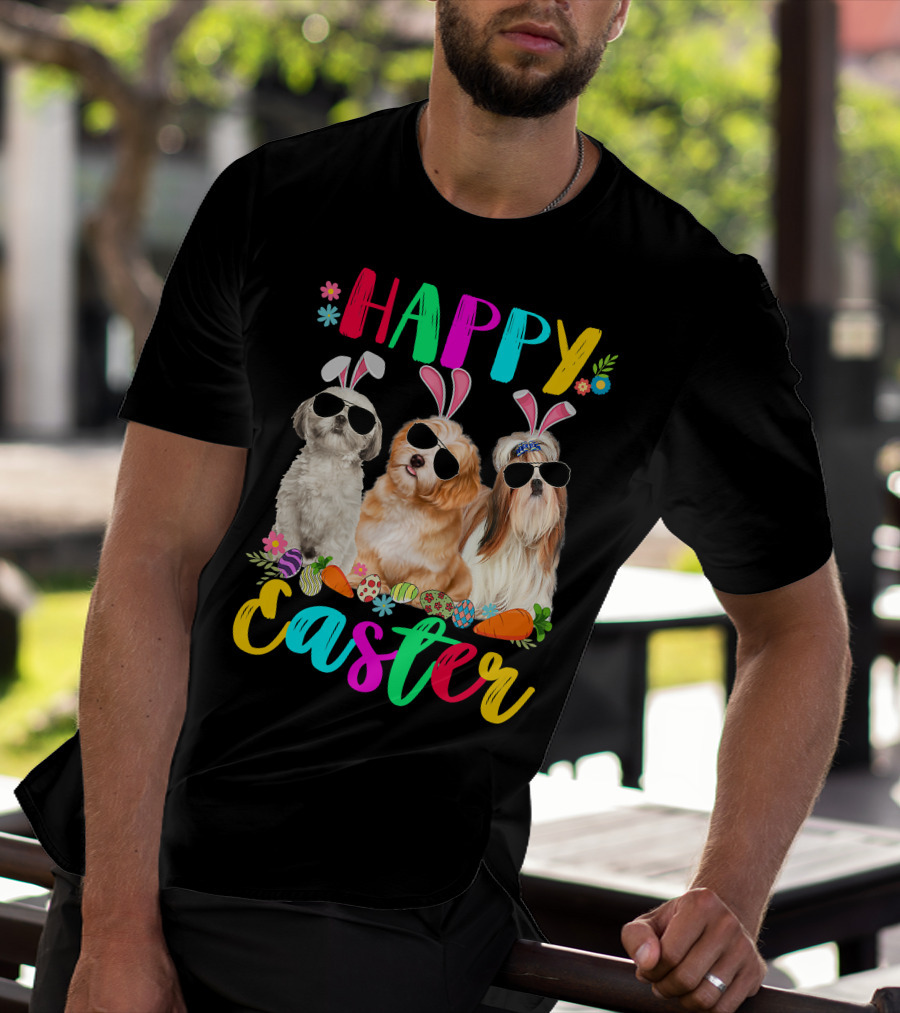 Happy Easter Three Shih Tzu Dogs With Bunny Ears And Sunglasses Eggs Carrots T-Shirt