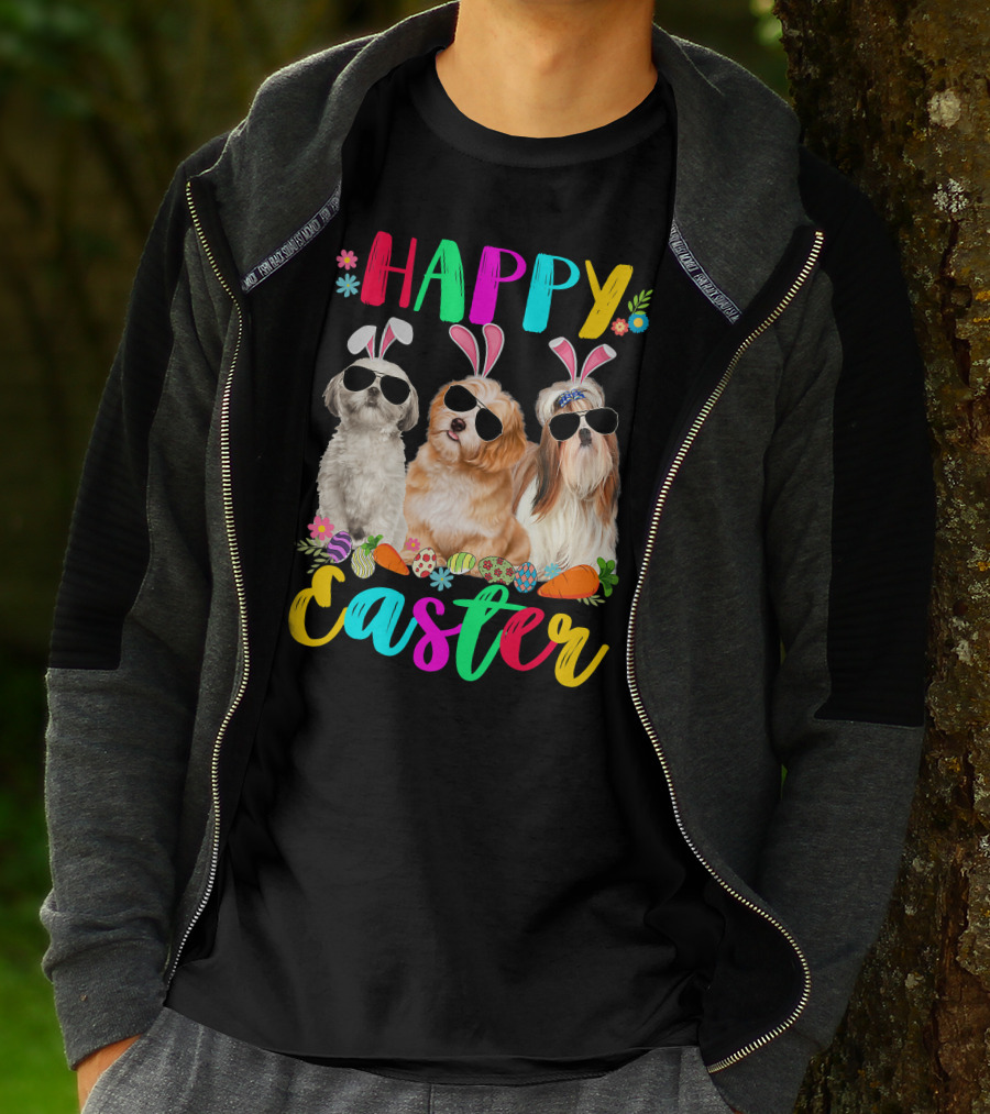 Happy Easter Three Shih Tzu Dogs With Bunny Ears And Sunglasses Eggs Carrots T-Shirt