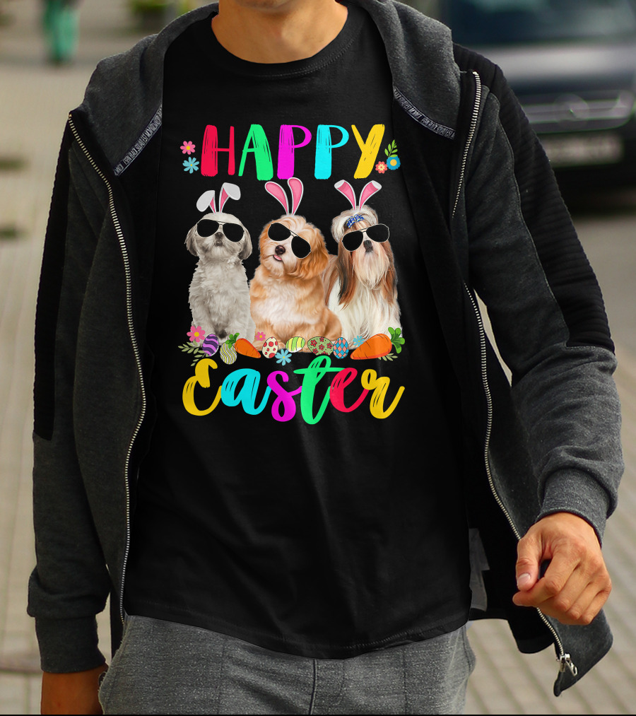 Happy Easter Three Shih Tzu Dogs With Bunny Ears And Sunglasses Eggs Carrots T-Shirt