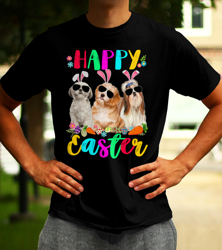 Happy Easter Three Shih Tzu Dogs With Bunny Ears And Sunglasses Eggs Carrots T-Shirt