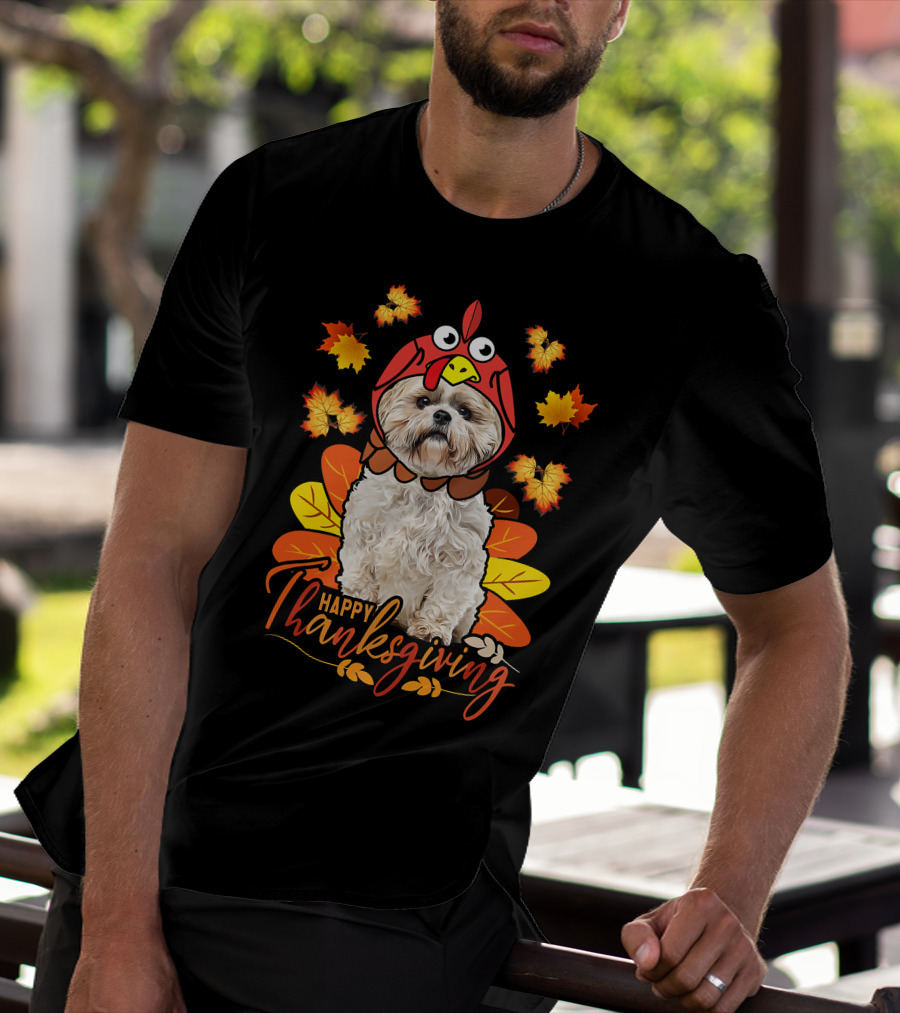 Happy Thanksgiving Shih Tzu Dog In Turkey Costume With Autumn Leaves T-Shirt