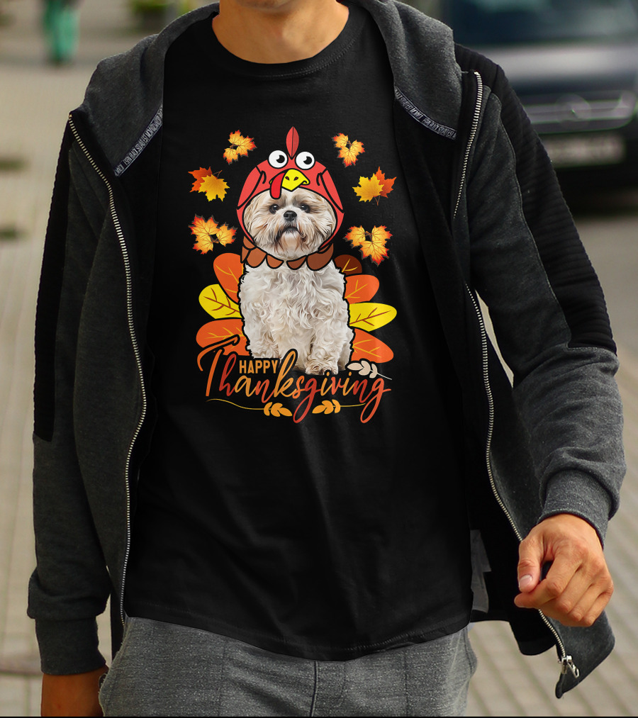 Happy Thanksgiving Shih Tzu Dog In Turkey Costume With Autumn Leaves T-Shirt