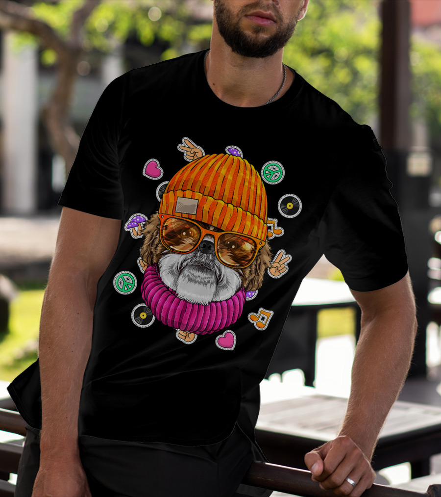 Hipster Shih Tzu With Glasses And Beanie Surrounded By Love Peace And Music Icons T-Shirt
