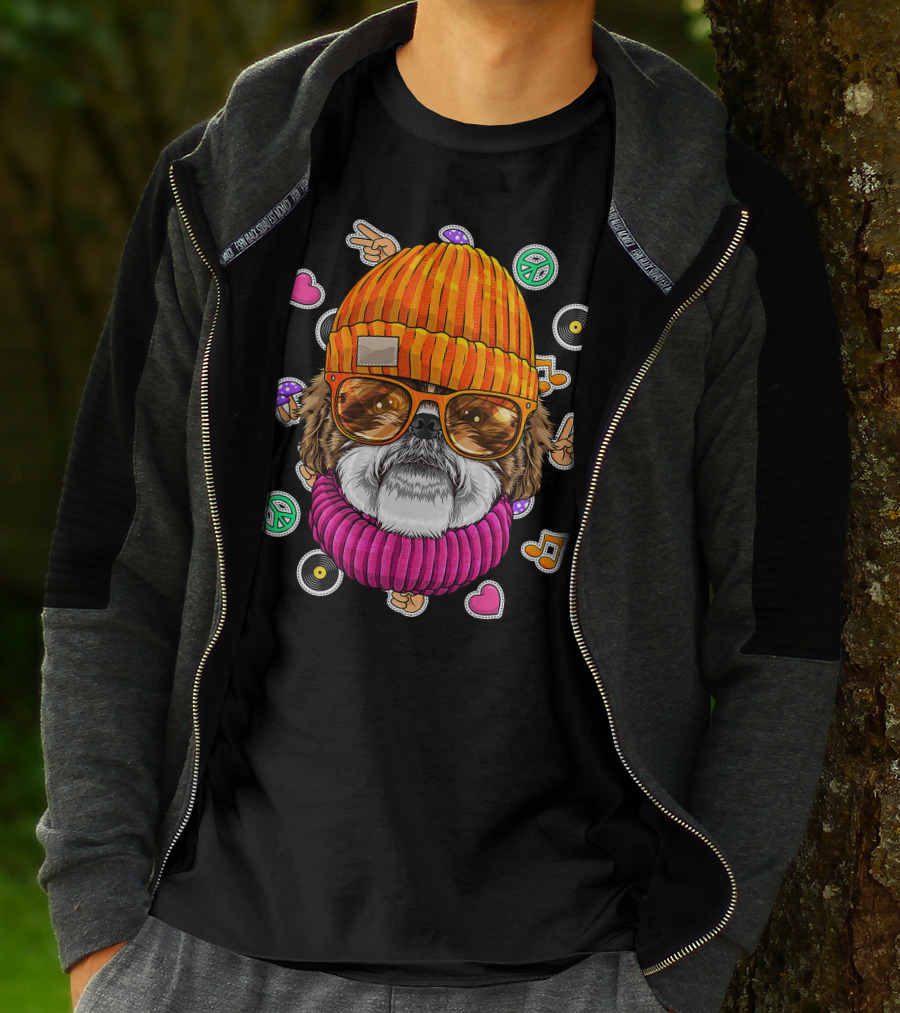 Hipster Shih Tzu With Glasses And Beanie Surrounded By Love Peace And Music Icons T-Shirt