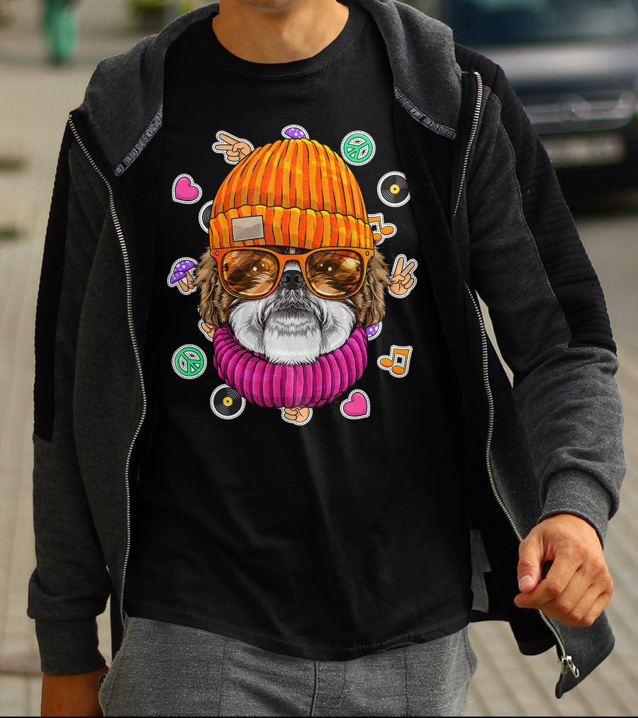 Hipster Shih Tzu With Glasses And Beanie Surrounded By Love Peace And Music Icons T-Shirt