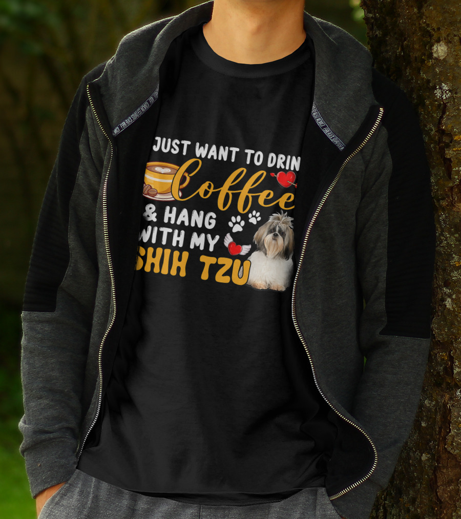 Coffee Lover Shih Tzu With Hearts And Wings T-Shirt