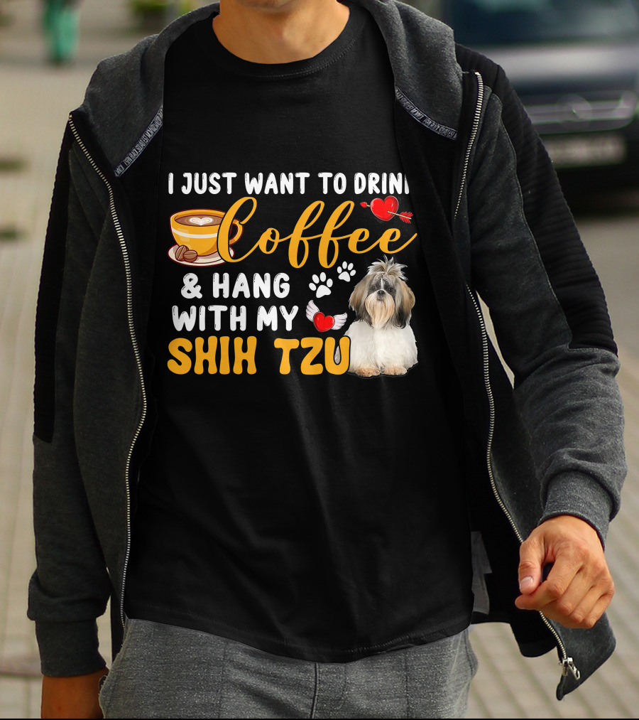 Coffee Lover Shih Tzu With Hearts And Wings T-Shirt