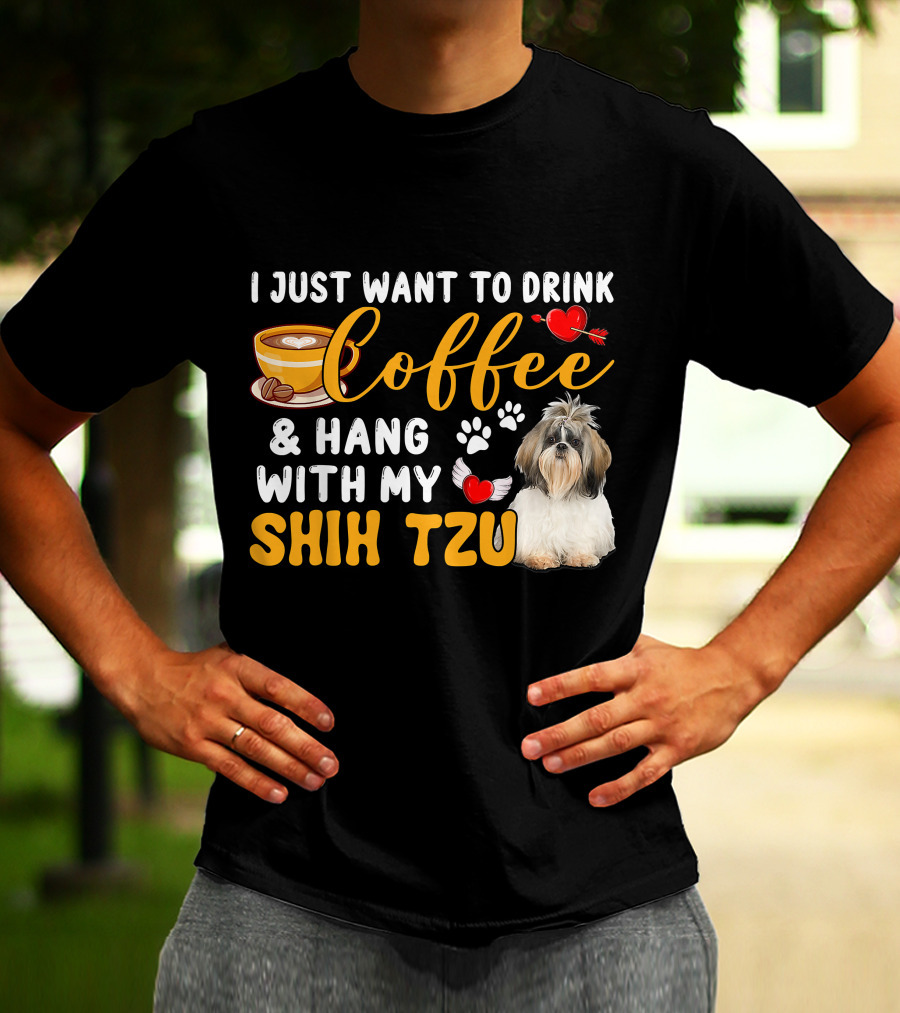 Coffee Lover Shih Tzu With Hearts And Wings T-Shirt