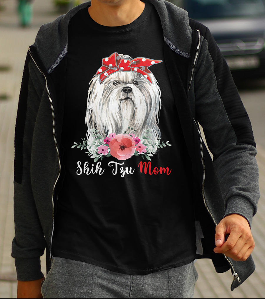 I Shih Tzu Not Funny Shih Tzu Mom Dog Lovers With Red Bow And Flowers T-Shirt