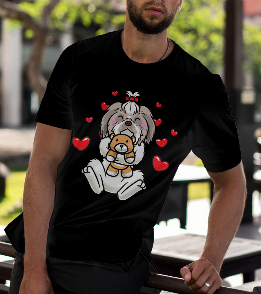 Kawaii Shih Tzu Holding Stuffed Animal Surrounded By Hearts T-Shirt
