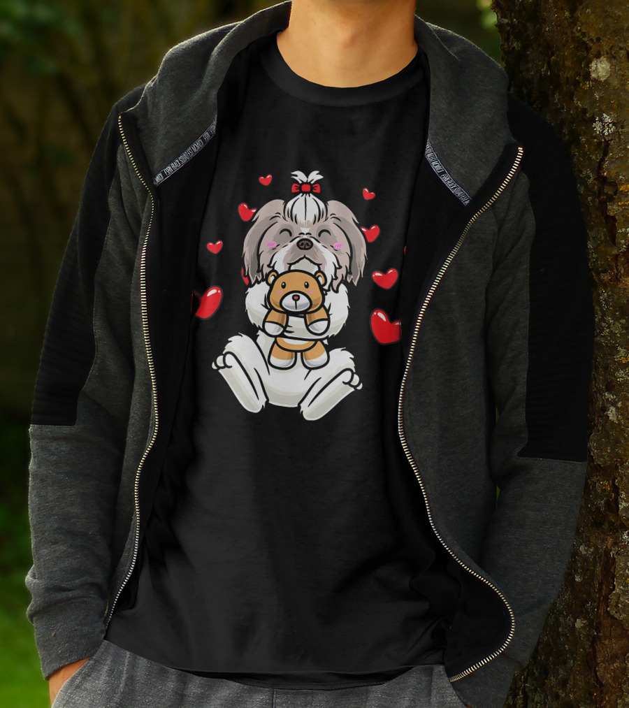 Kawaii Shih Tzu Holding Stuffed Animal Surrounded By Hearts T-Shirt