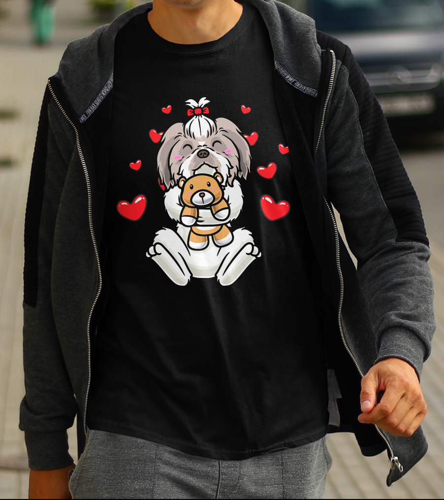 Kawaii Shih Tzu Holding Stuffed Animal Surrounded By Hearts T-Shirt