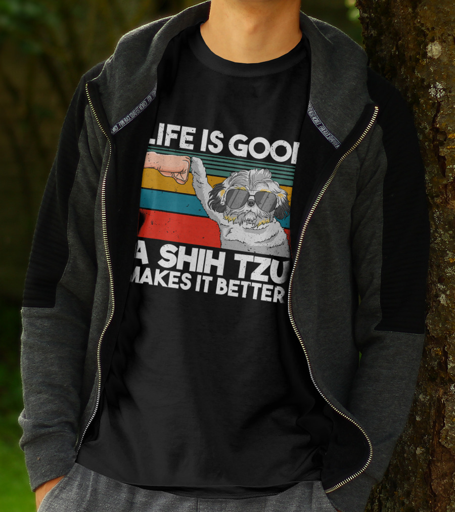 Life Is Good A Shih Tzu Makes It Better Fist Bump Sunglasses Retro Stripes T-Shirt