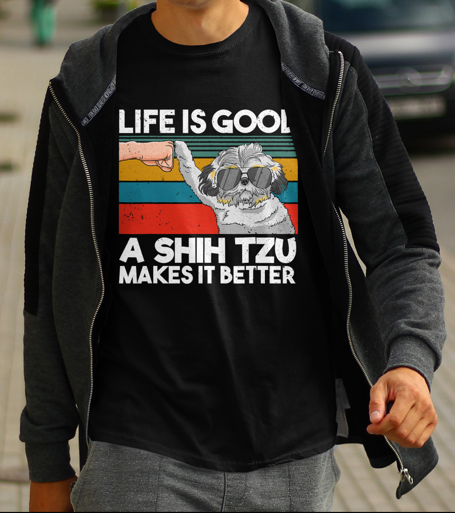Life Is Good A Shih Tzu Makes It Better Fist Bump Sunglasses Retro Stripes T-Shirt