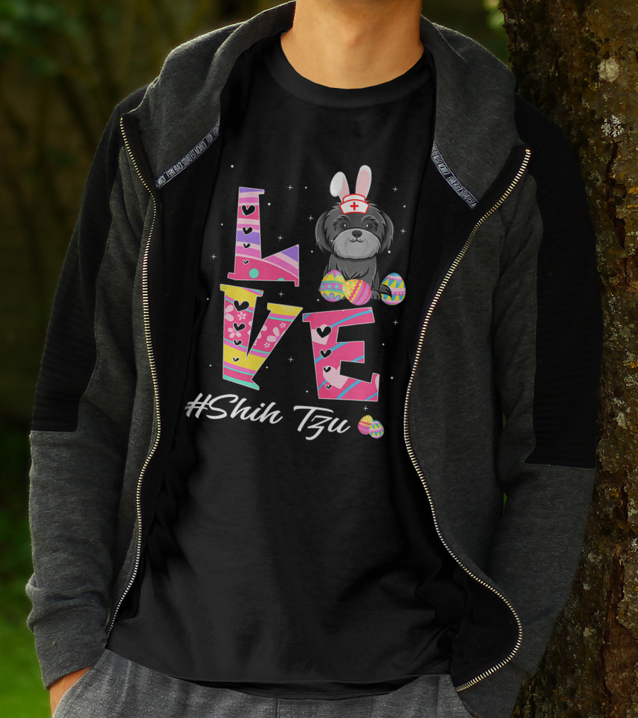 Love Easter Shih Tzu Bunny Ears Nurse Hat Egg Pattern Funny Dog Lovers T-Shirt