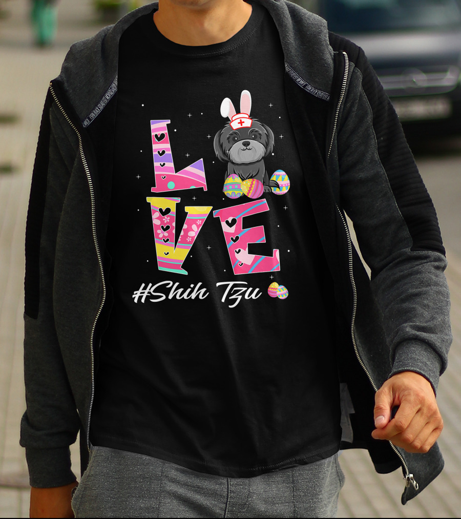 Love Easter Shih Tzu Bunny Ears Nurse Hat Egg Pattern Funny Dog Lovers T-Shirt