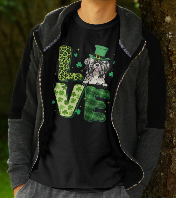 Love Shih Tzu Leopard Plaid Shamrock St Patrick's Day T-Shirt