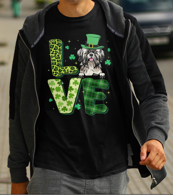 Love Shih Tzu Leopard Plaid Shamrock St Patrick's Day T-Shirt