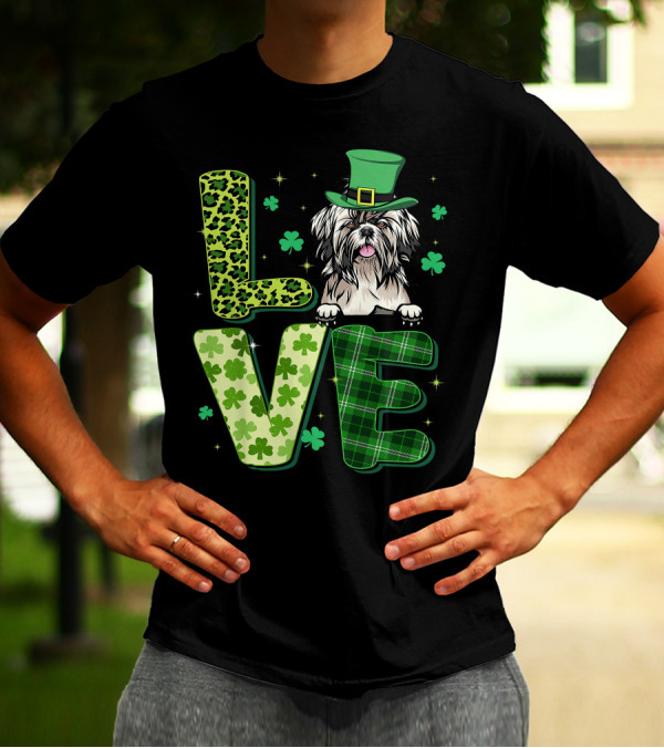 Love Shih Tzu Leopard Plaid Shamrock St Patrick's Day T-Shirt