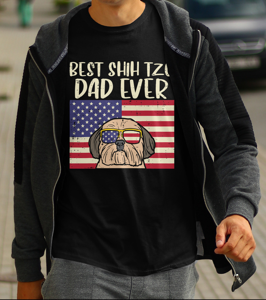 Best Shih Tzu Dad Ever US Flag Patriotic Dog Sunglasses T-Shirt