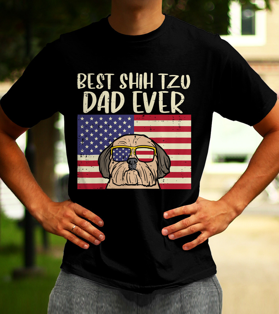 Best Shih Tzu Dad Ever US Flag Patriotic Dog Sunglasses T-Shirt