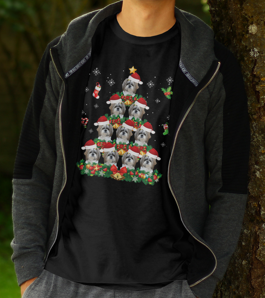 Merry Christmas Shih Tzu Santa Hat Dog Tree Pajama Swe T-Shirt