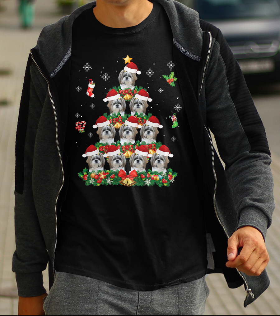 Merry Christmas Shih Tzu Santa Hat Dog Tree Pajama Swe T-Shirt