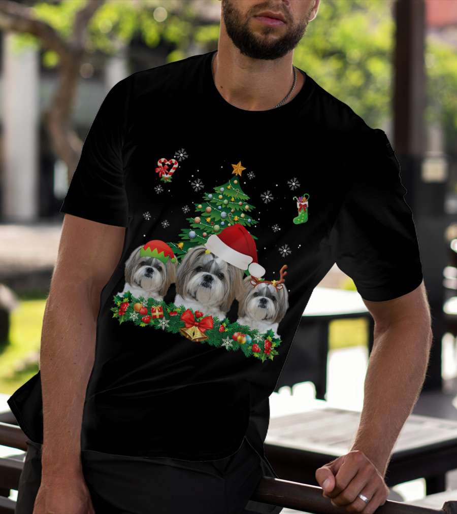 Merry Dogmas Shih Tzu Santa Elf Reindeer Christmas Tree T-Shirt