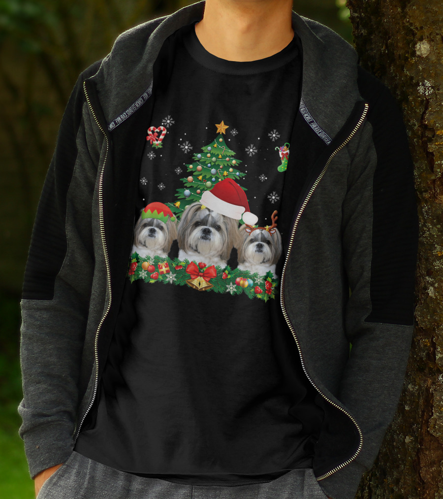 Merry Dogmas Shih Tzu Santa Elf Reindeer Christmas Tree T-Shirt