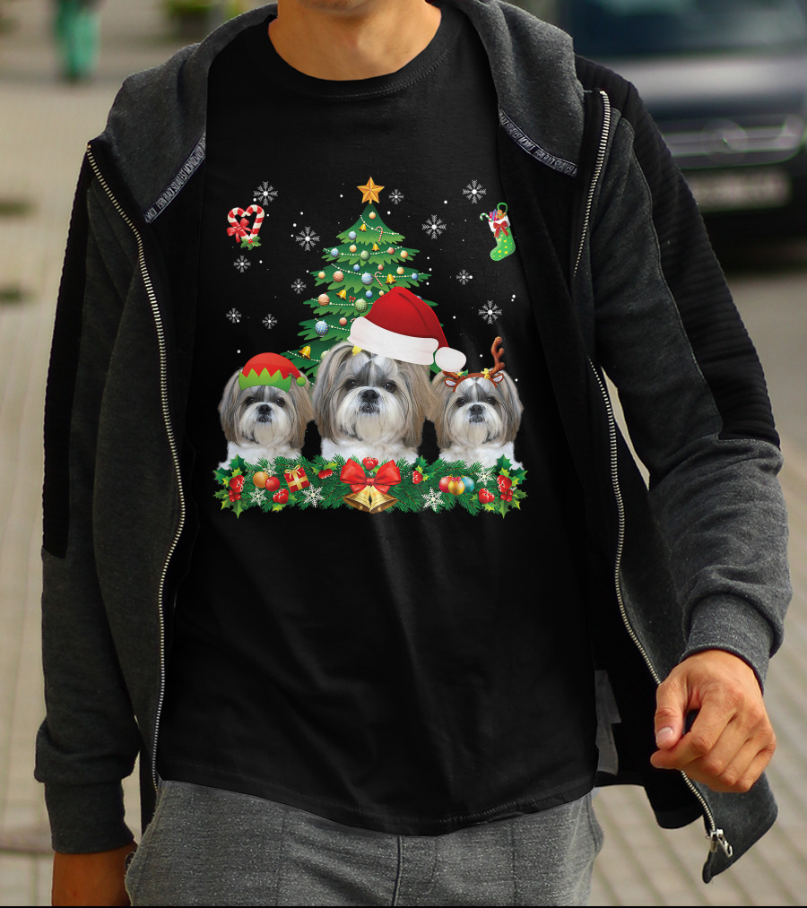 Merry Dogmas Shih Tzu Santa Elf Reindeer Christmas Tree T-Shirt