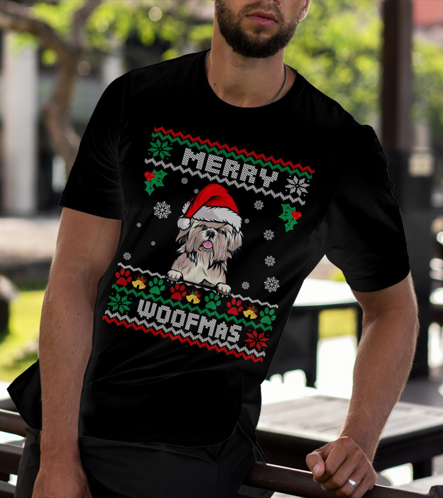 Merry Woofmas Shih Tzu Dog In Santa Hat With Christmas Patterns And Paw Print Snowflakes T-Shirt