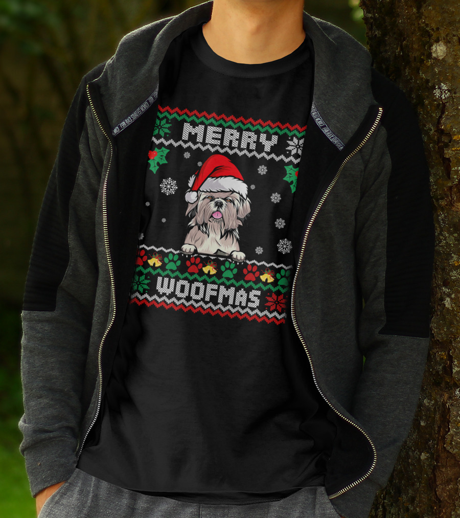 Merry Woofmas Shih Tzu Dog In Santa Hat With Christmas Patterns And Paw Print Snowflakes T-Shirt