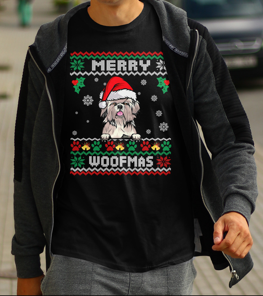 Merry Woofmas Shih Tzu Dog In Santa Hat With Christmas Patterns And Paw Print Snowflakes T-Shirt